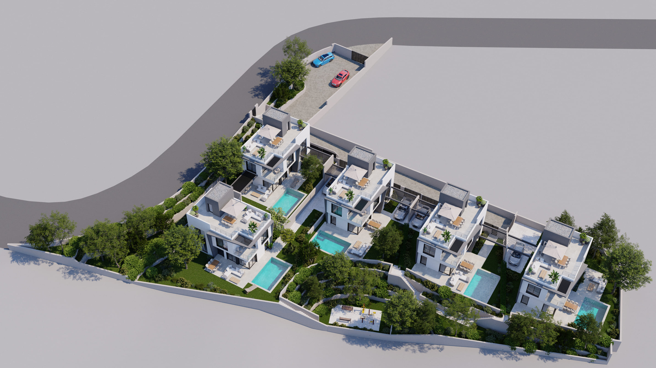 Alonis Villas — render arquitectónico del conjunto de 5 villas con piscinas privadas (Villajoyosa)